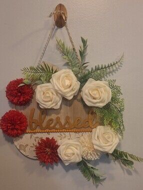 "Blessed" Floral Wall Hanging - Cream & Red Home Accent